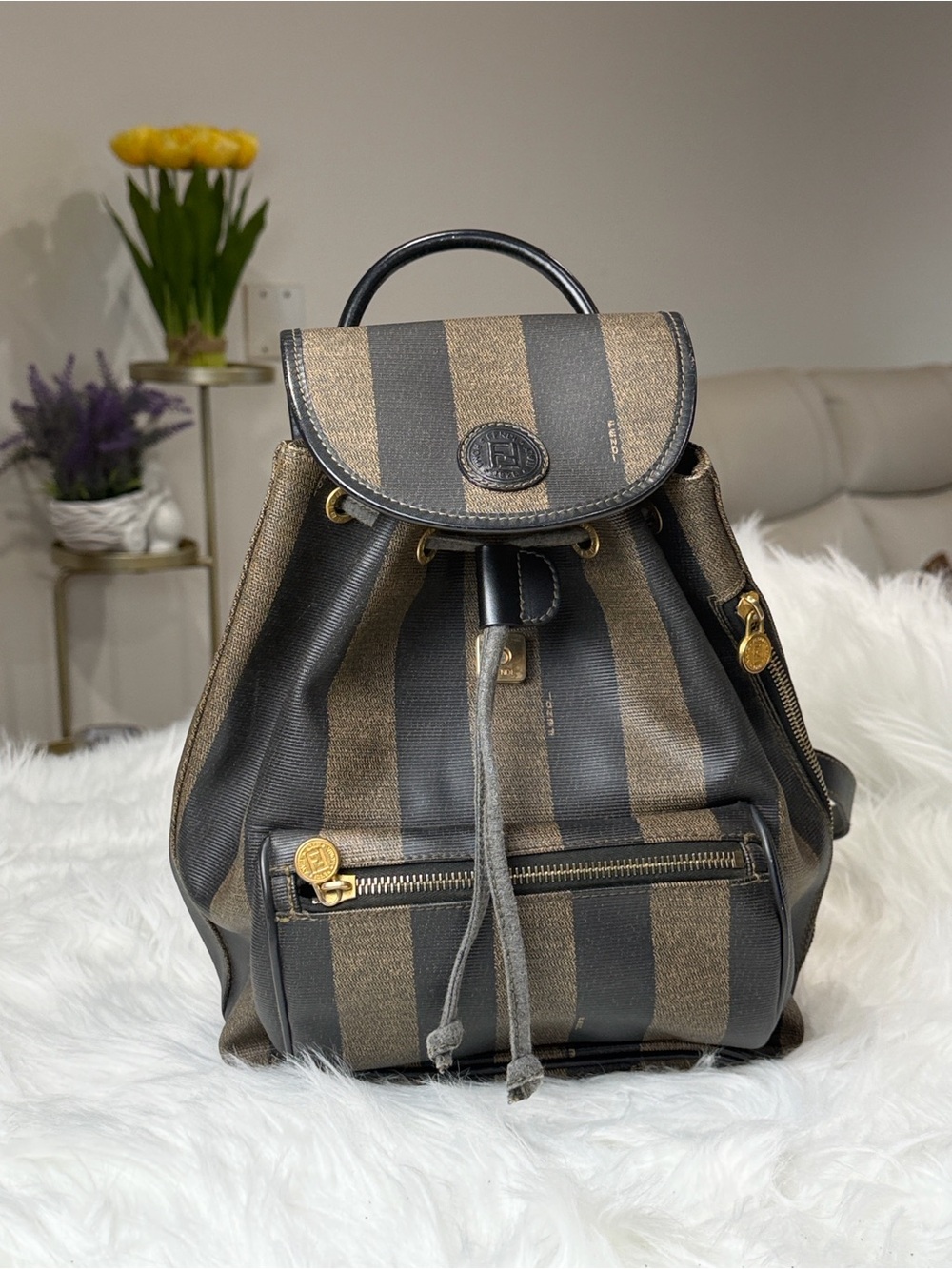 💯Authentic Fendi Pequin Stripe Backpack Drawstring Logo Bag Made in Italy🍀